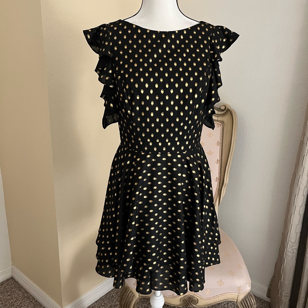 IEENA by Mac Duggal Black w/Gold Ruffle Polka Dot Cocktail Party Dress. Size 8